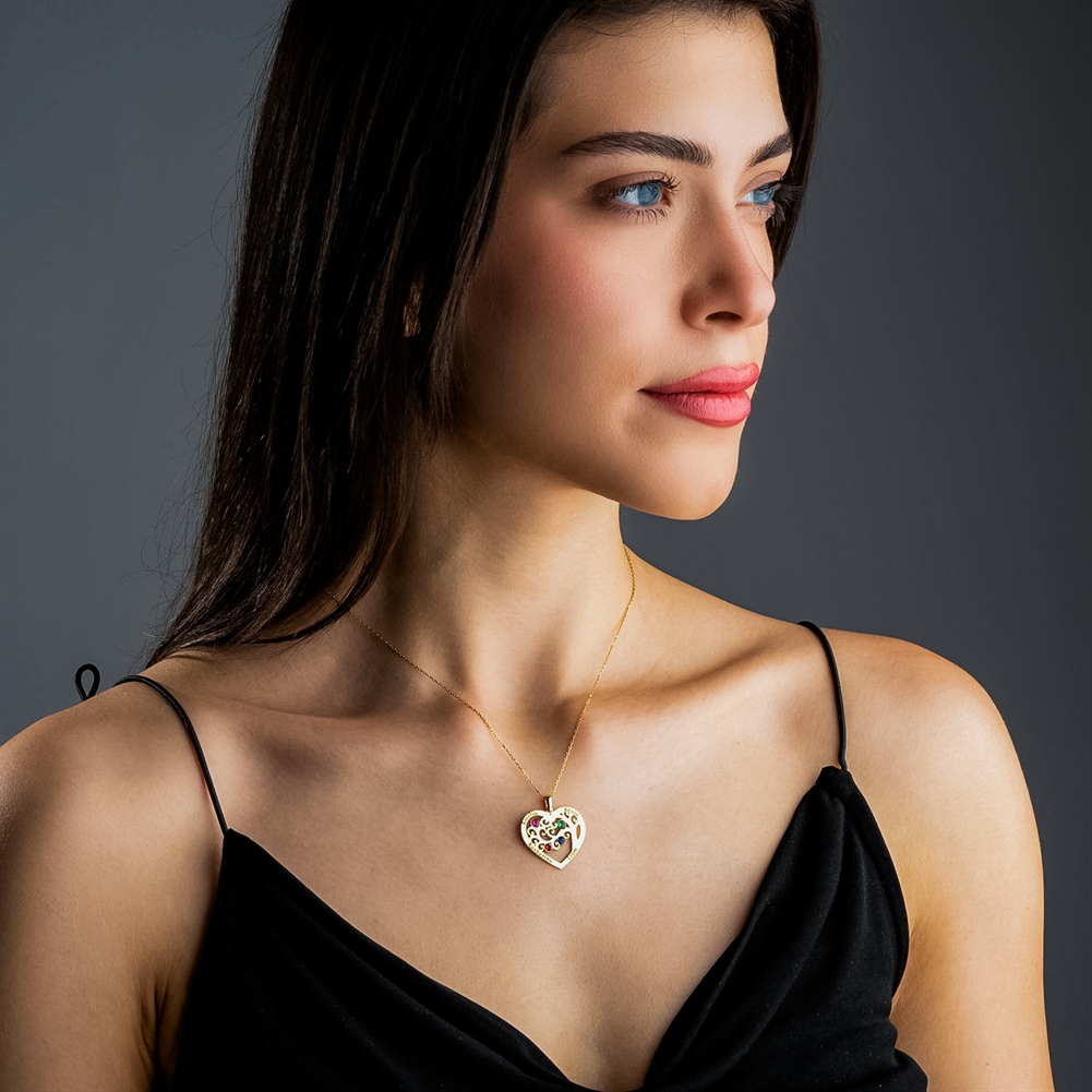 Potiega Silver/Gold Personalised Heart Shaped Family Tree Necklace With Birthstone (One Name)
