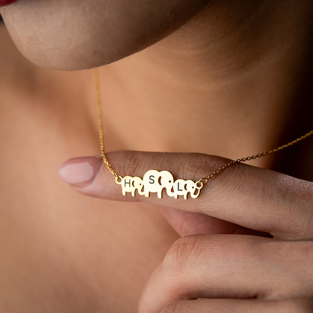 Potiega Silver/Gold Personalised Elephant Necklace With Family Initials