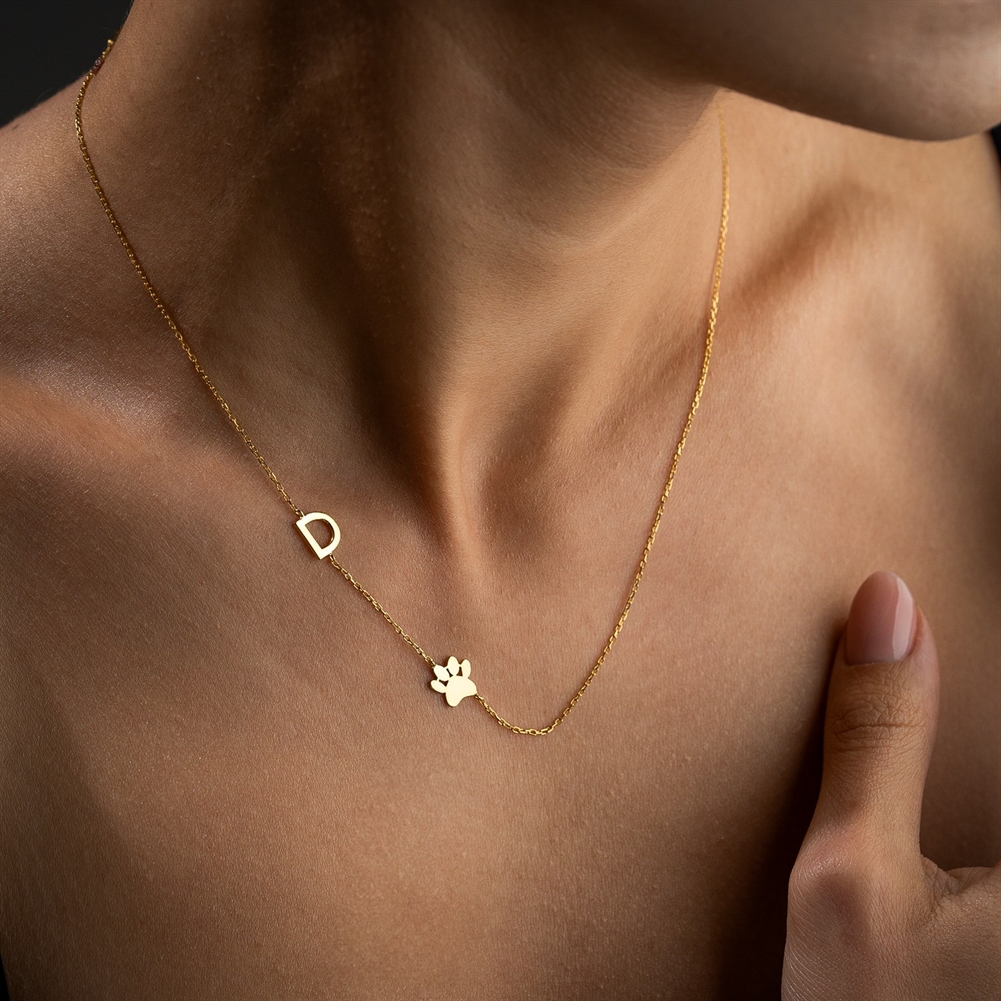 Potiega Silver/Gold Sideway Initial And Dog Paw Necklace
