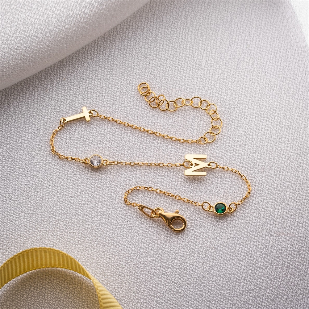 Potiega Silver/Gold Personalised Birthstone Bracelet With Initial Charms