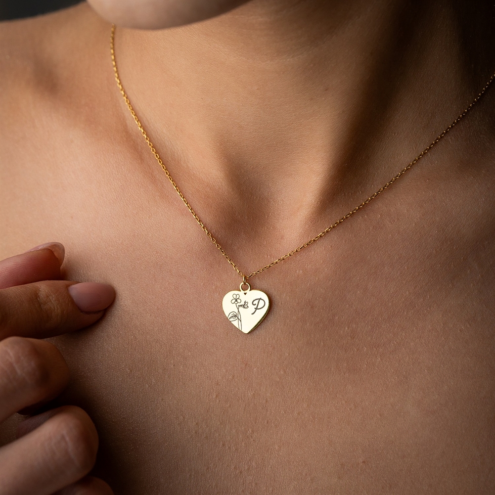 Potiega Silver/Gold Personalised Birth Flower Heart Necklace With Initial