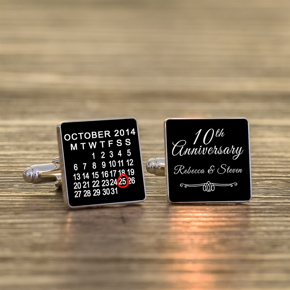 Select Direct Despatch Silver Personalised 10Th Wedding Anniversary Finish Calendar Date Square Cufflinks