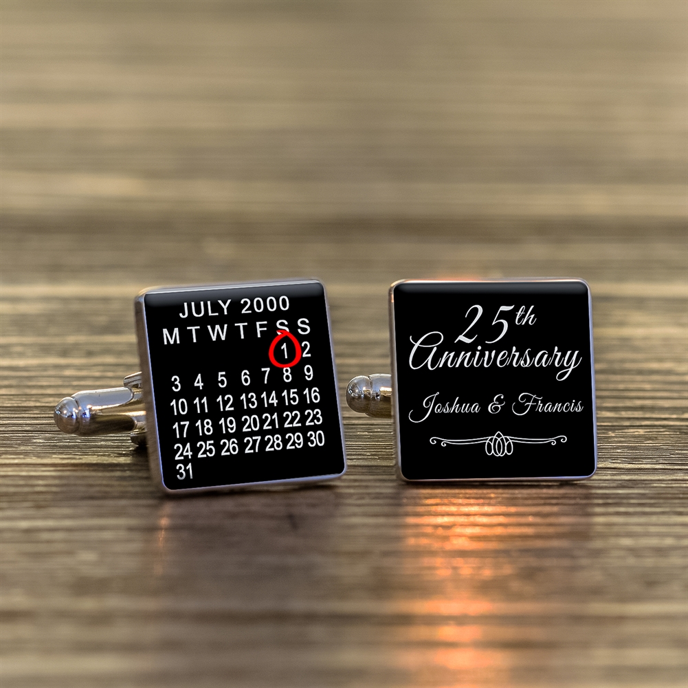 Personalised 25th Wedding Anniversary Silver Finish Calendar Date Square Cufflinks Personalised 25th Wedding Anniversary Silver Finish Calendar Date Square Cufflinks