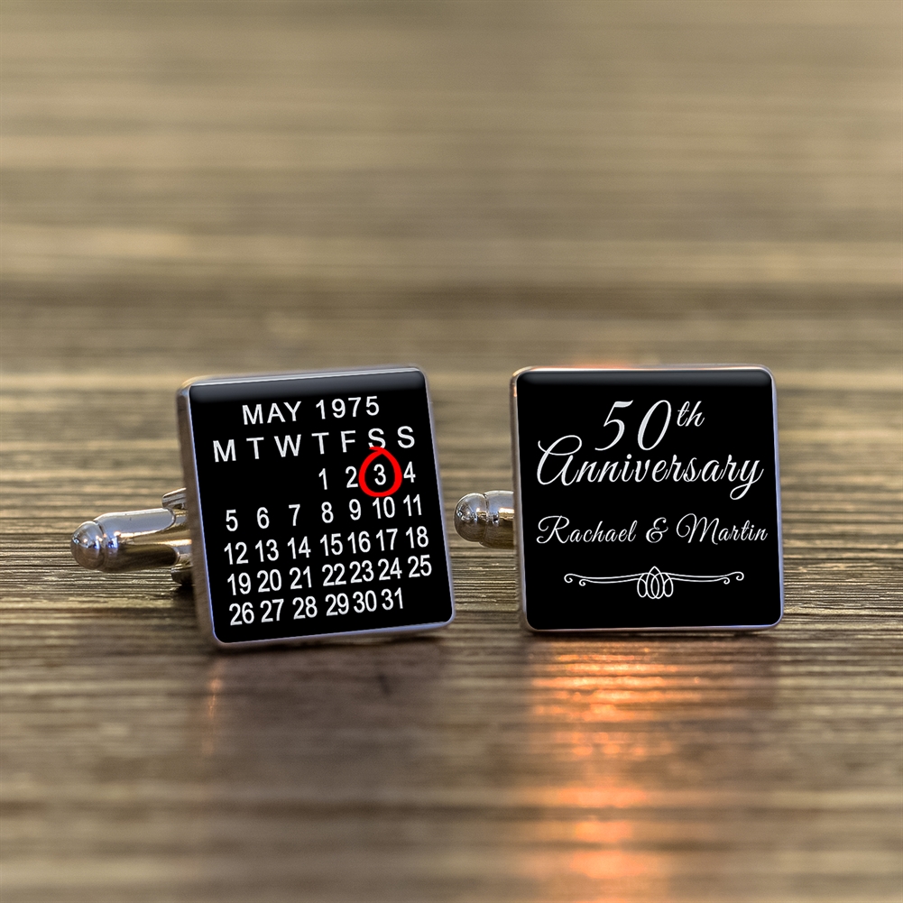 Select Direct Despatch Silver Personalised 50Th Wedding Anniversary Finish Calendar Date Square Cufflinks
