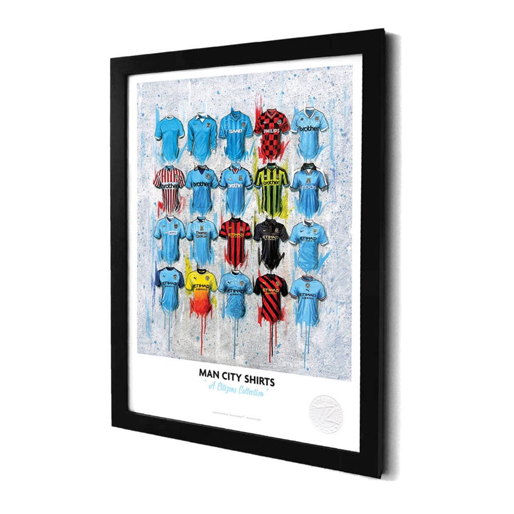 Terry Kneeshaw A3 Framed Football Shirt History Prints (Manchester City)