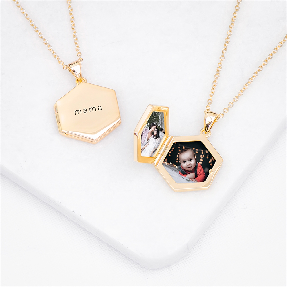 Treat Gifts (Opazlight) Gold Personalised Photo Locket Necklaces (Hexagonal - )