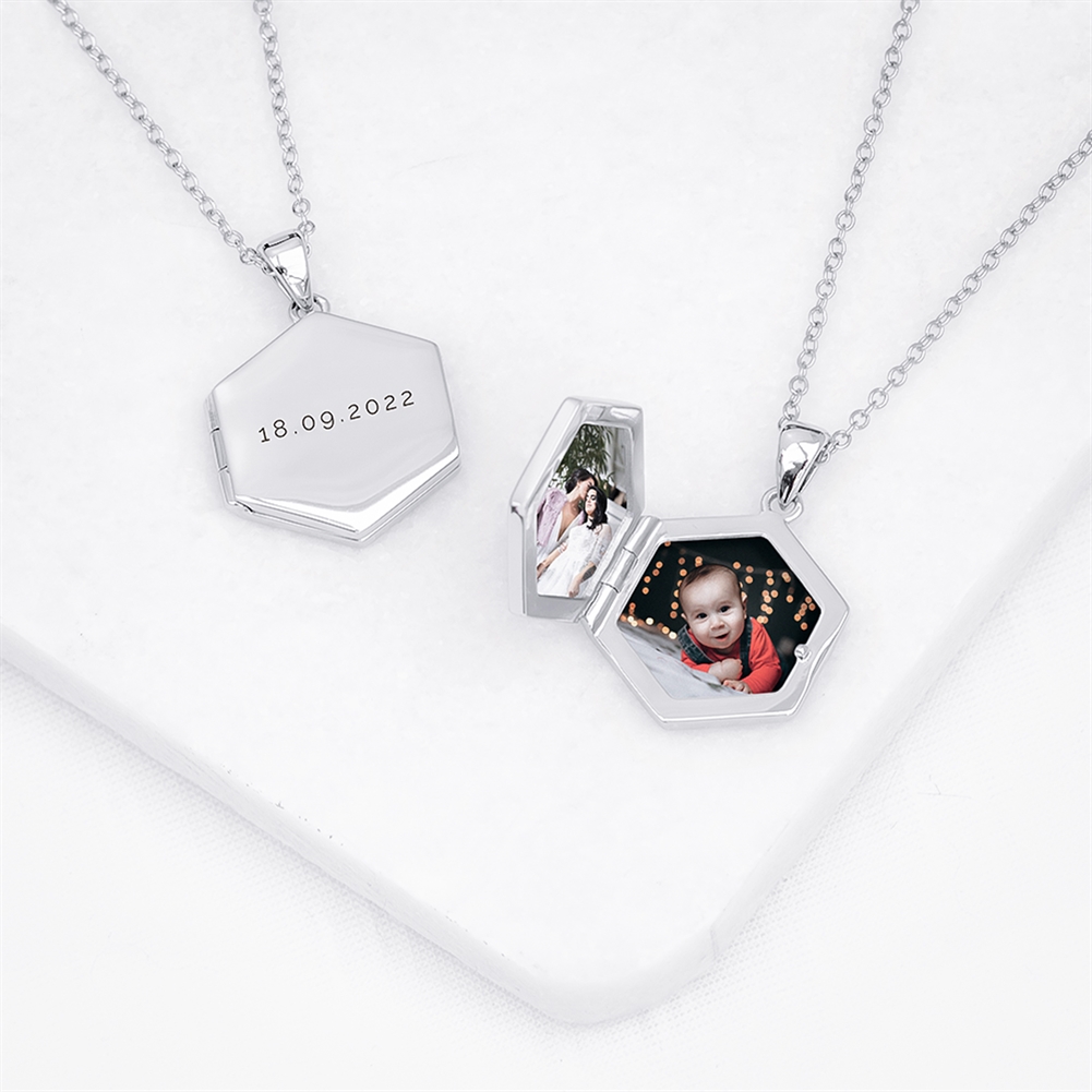 Treat Gifts (Opazlight) Silver Personalised Photo Locket Necklaces (Hexagonal - )