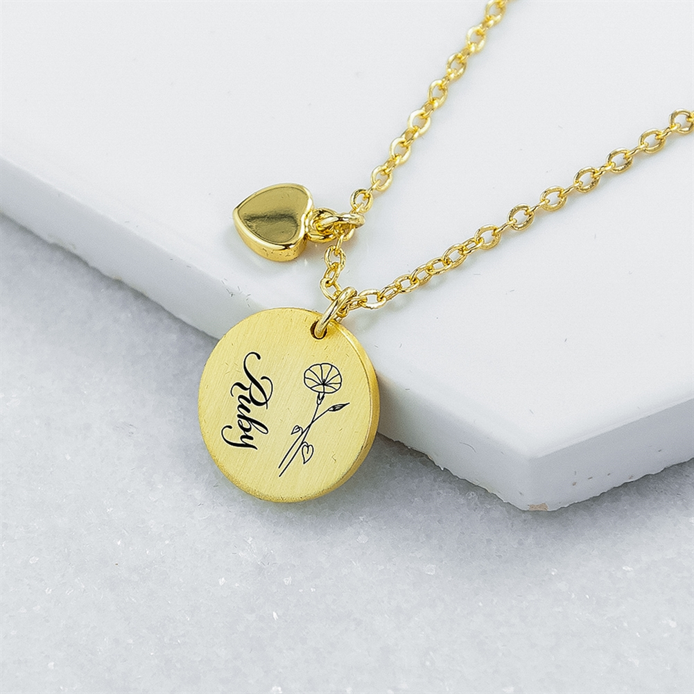 Treat Gifts (Opazlight) Gold Personalised Birth Flower Brushed Heart And Disc Necklaces (Gold)