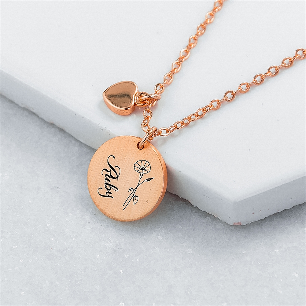 Treat Gifts (Opazlight) Gold Personalised Birth Flower Brushed Heart And Disc Necklaces (Rose )
