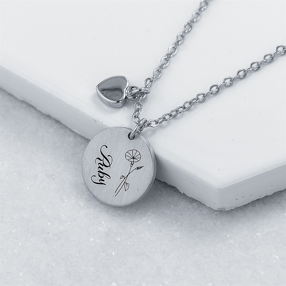 Treat Gifts (Opazlight) Silver Personalised Birth Flower Brushed Heart And Disc Necklaces (Silver)