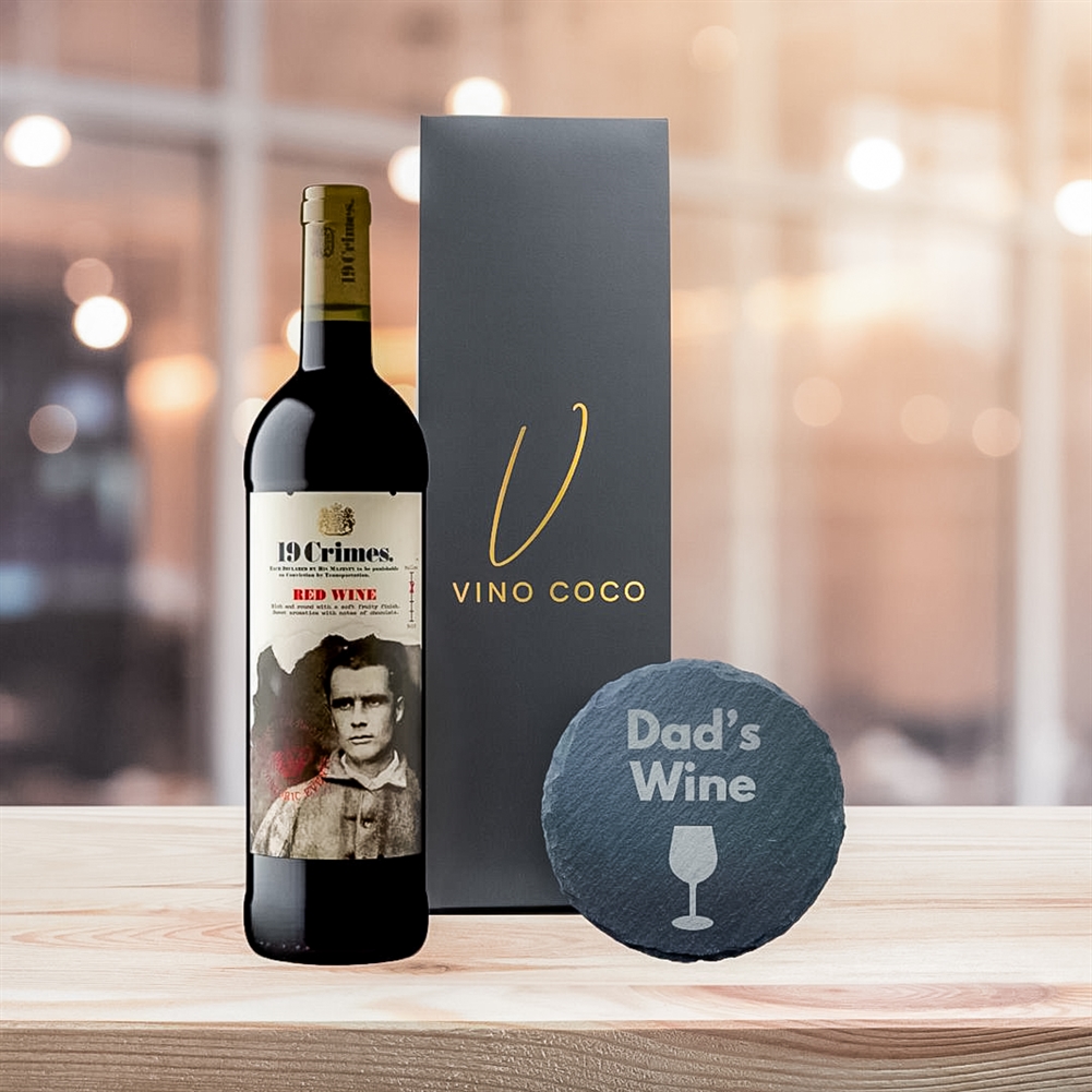 19 Crimes Red Wine & Sauvignon Blanc Gift Sets with “Dad’s Wine” Slate Coaster (Red Wine)
