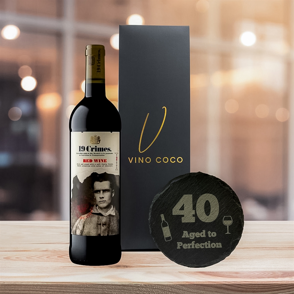 19 Crimes Gift Sets with 40th Birthday Slate Coaster (Red Wine – “Aged to Perfection”) 19 Crimes Gift Sets with 40th Birthday Slate Coaster (Red Wine – “Aged to Perfection”)