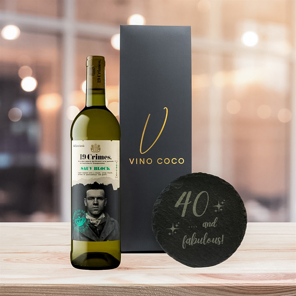 19 Crimes Gift Sets with 40th Birthday Slate Coaster (Sauvignon Blanc – “40 & Fabulous”) 19 Crimes Gift Sets with 40th Birthday Slate Coaster (Sauvignon Blanc – “40 & Fabulous”)