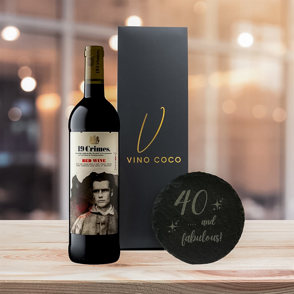 19 Crimes Gift Sets with 40th Birthday Slate Coaster (Red Wine – “40 & Fabulous”) 19 Crimes Gift Sets with 40th Birthday Slate Coaster (Red Wine – “40 & Fabulous”)