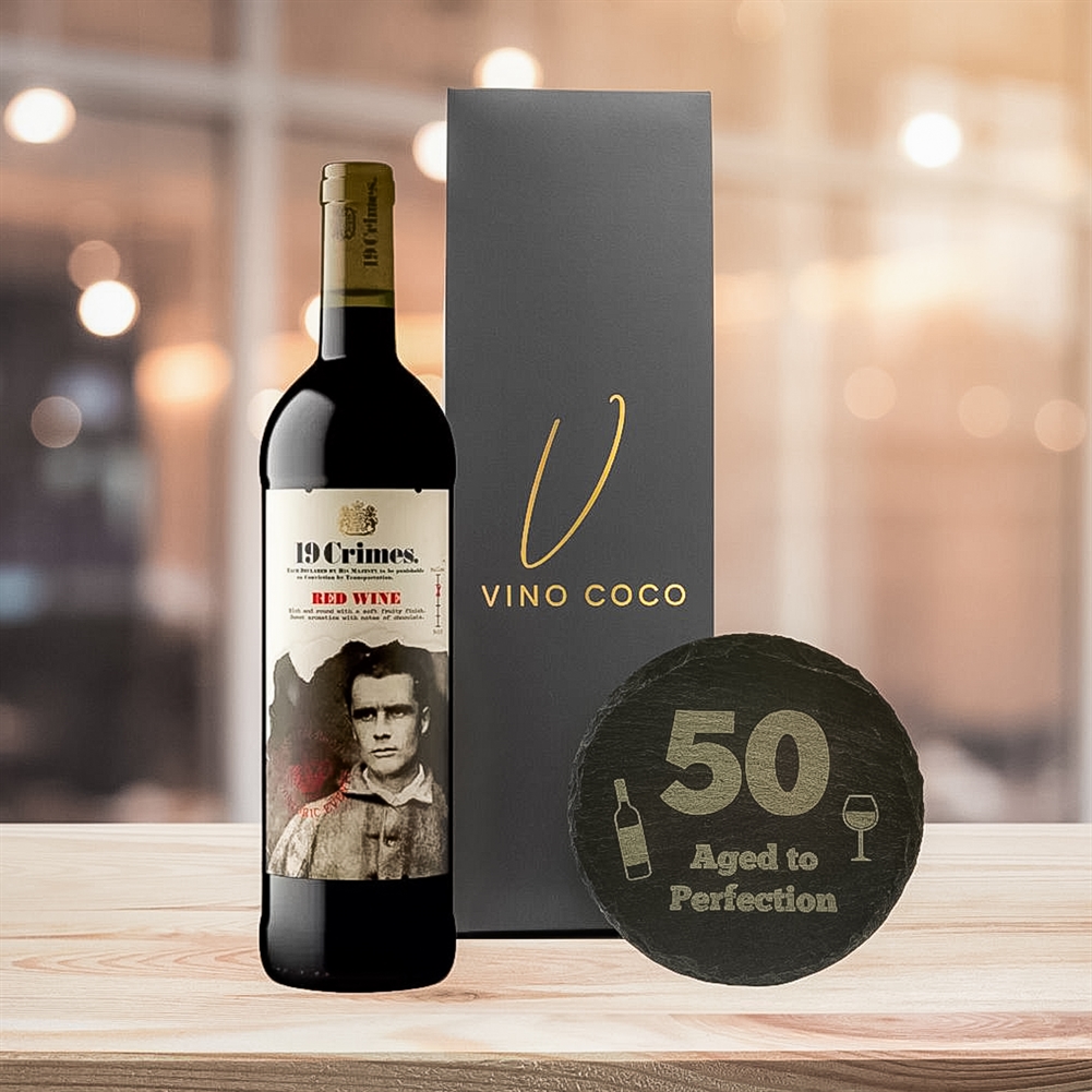 19 Crimes Gift Sets with 50th Birthday Slate Coaster (Red Wine – “Aged to Perfection”) 19 Crimes Gift Sets with 50th Birthday Slate Coaster (Red Wine – “Aged to Perfection”)