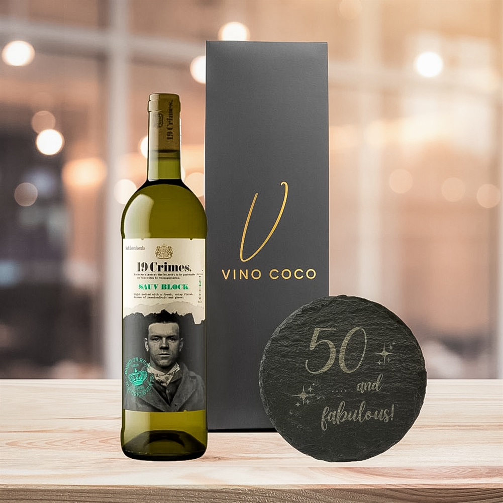 19 Crimes Gift Sets with 50th Birthday Slate Coaster (Sauvignon Blanc – “50 & Fabulous”) 19 Crimes Gift Sets with 50th Birthday Slate Coaster (Sauvignon Blanc – “50 & Fabulous”)