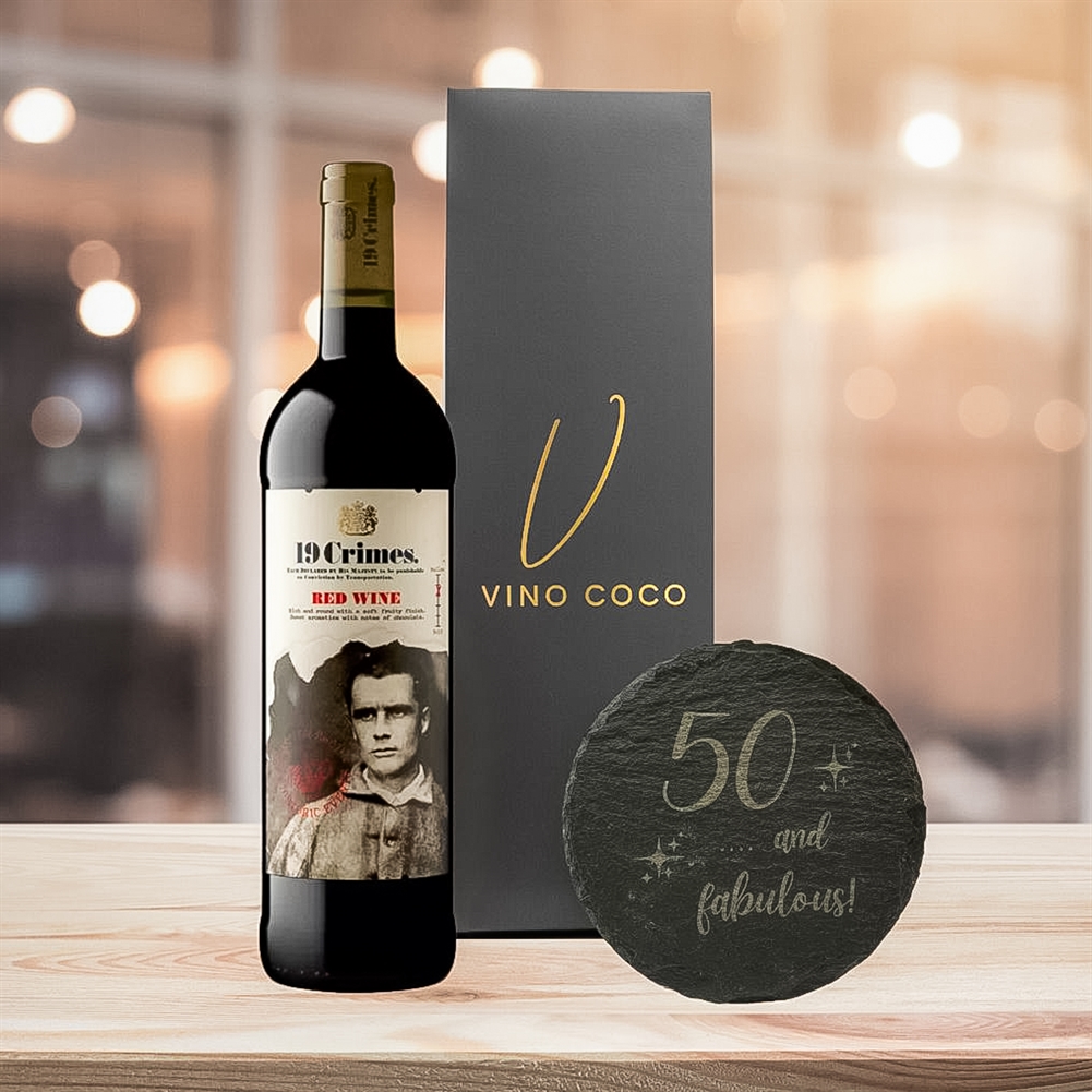 19 Crimes Blanc Gift Sets with 50th Birthday Slate Coaster (Red Wine – “50 & Fabulous”) 19 Crimes Blanc Gift Sets with 50th Birthday Slate Coaster (Red Wine – “50 & Fabulous”)