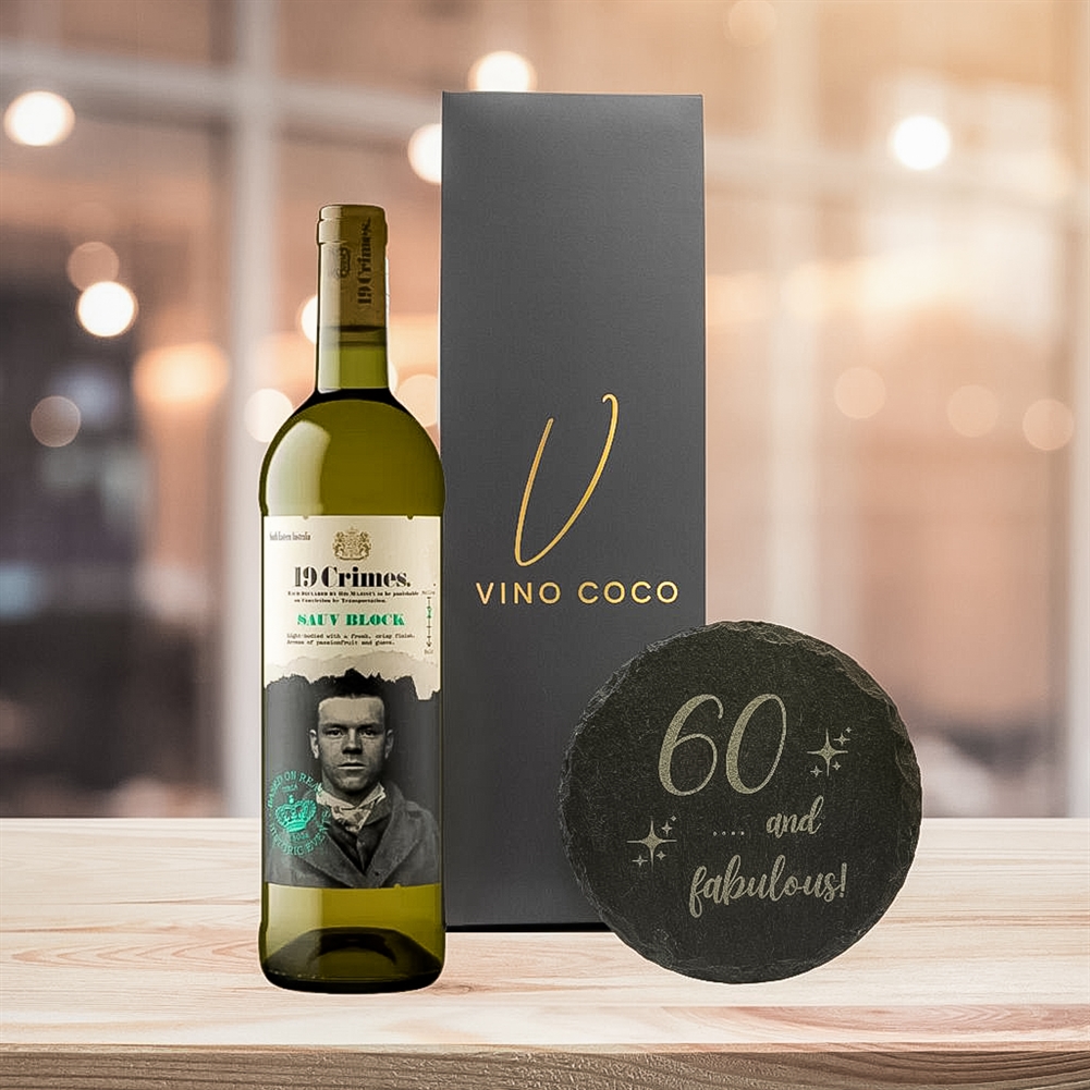 19 Crimes Gift Sets with 60th Birthday Slate Coaster (Sauvignon Blanc – “60 & Fabulous”) 19 Crimes Gift Sets with 60th Birthday Slate Coaster (Sauvignon Blanc – “60 & Fabulous”)