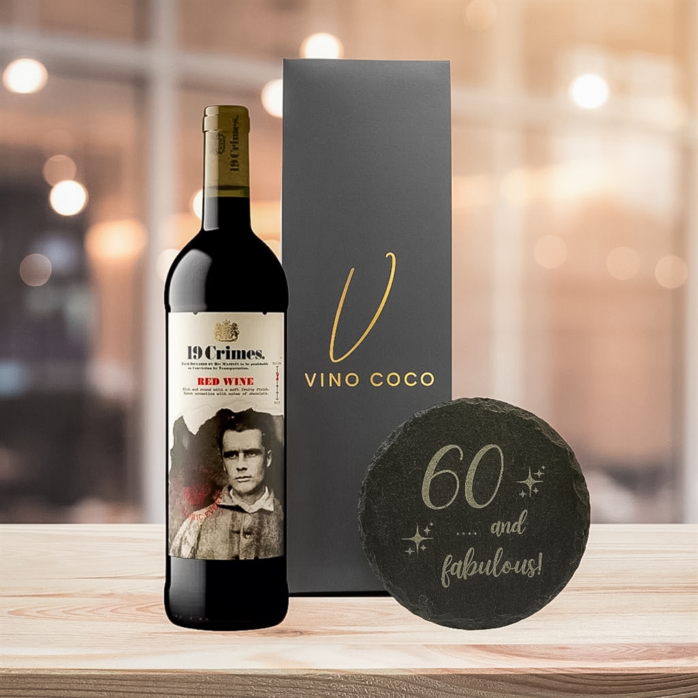 19 Crimes Gift Sets with 60th Birthday Slate Coaster (Red Wine – “60 & Fabulous”) 19 Crimes Gift Sets with 60th Birthday Slate Coaster (Red Wine – “60 & Fabulous”)