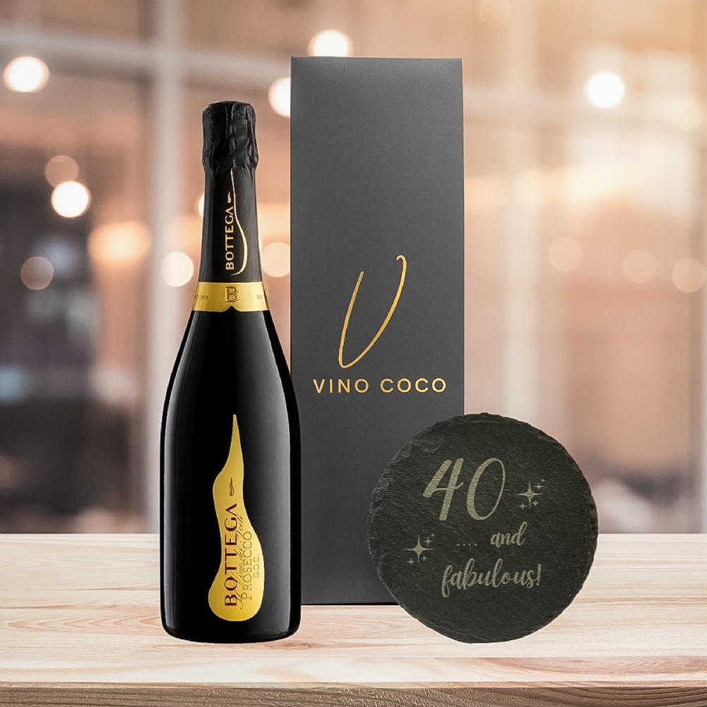 Vino Coco Peach/Grey/Gold Bottega Prosecco & "40 & Fabulous" Slate Coaster Gift Set