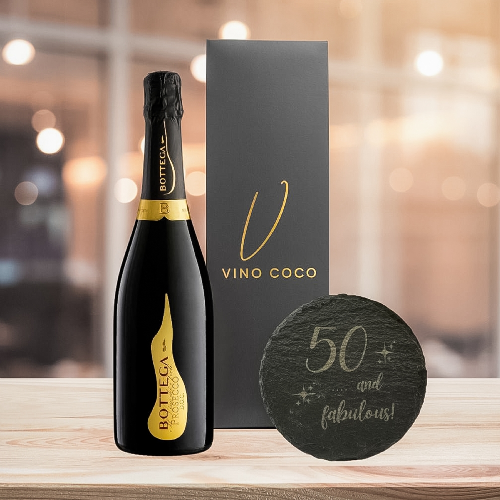 Vino Coco Peach/Grey/Gold Bottega Prosecco & "50 & Fabulous" Slate Coaster Gift Set