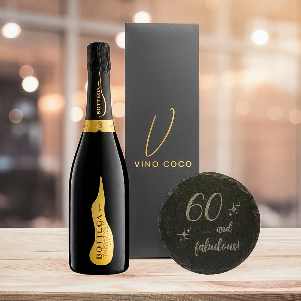 Vino Coco Peach/Grey/Gold Bottega Prosecco & "60 & Fabulous" Slate Coaster Gift Set
