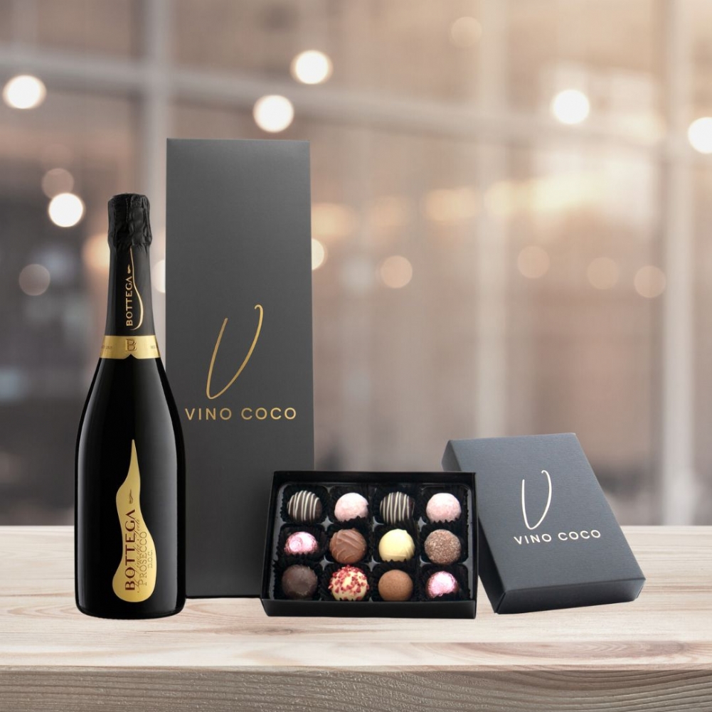 Vino Coco Peach/Grey/Gold Bottega Prosecco & Truffles Gift Set