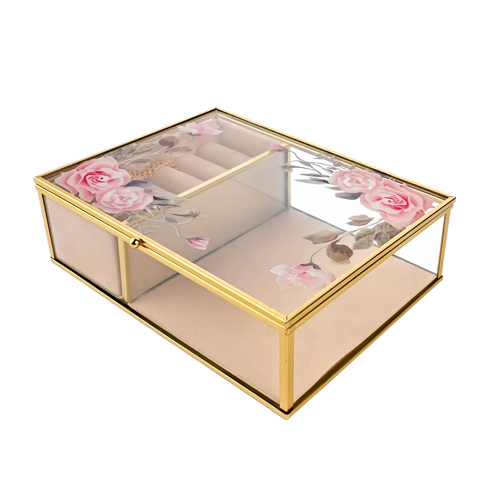 Widdop, Bingham & Co. Ltd Pink/Beige Classic Floral Glass Jewellery Boxes (Large)